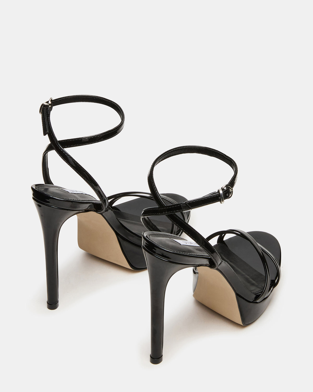 JUNI Black Patent Criss Cross Stiletto Ankle Strap Women's Heel - Steve Madden