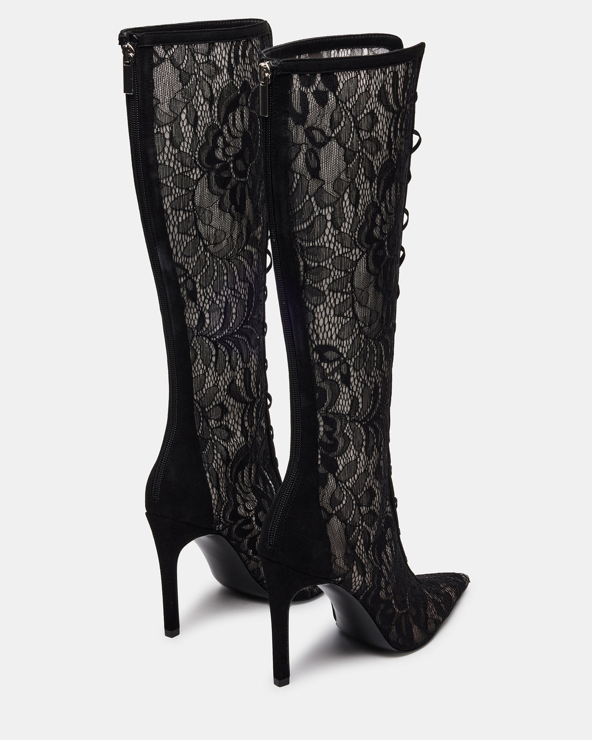 MAXINE Black Lace Pointed-Toe Knee-High Lace-Up Stiletto Women's Boot - Steve Madden