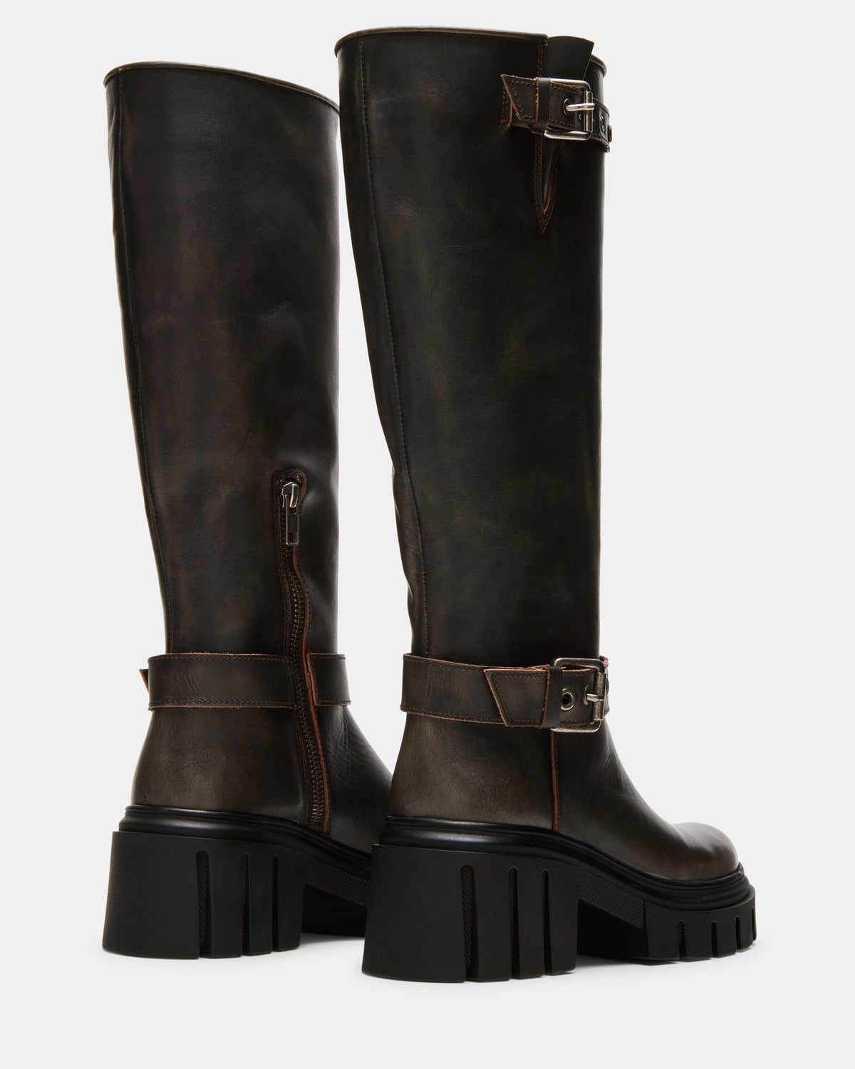 BRIGADE Brown Distressed Women's Knee-High Moto Lug Boot - Steve Madden