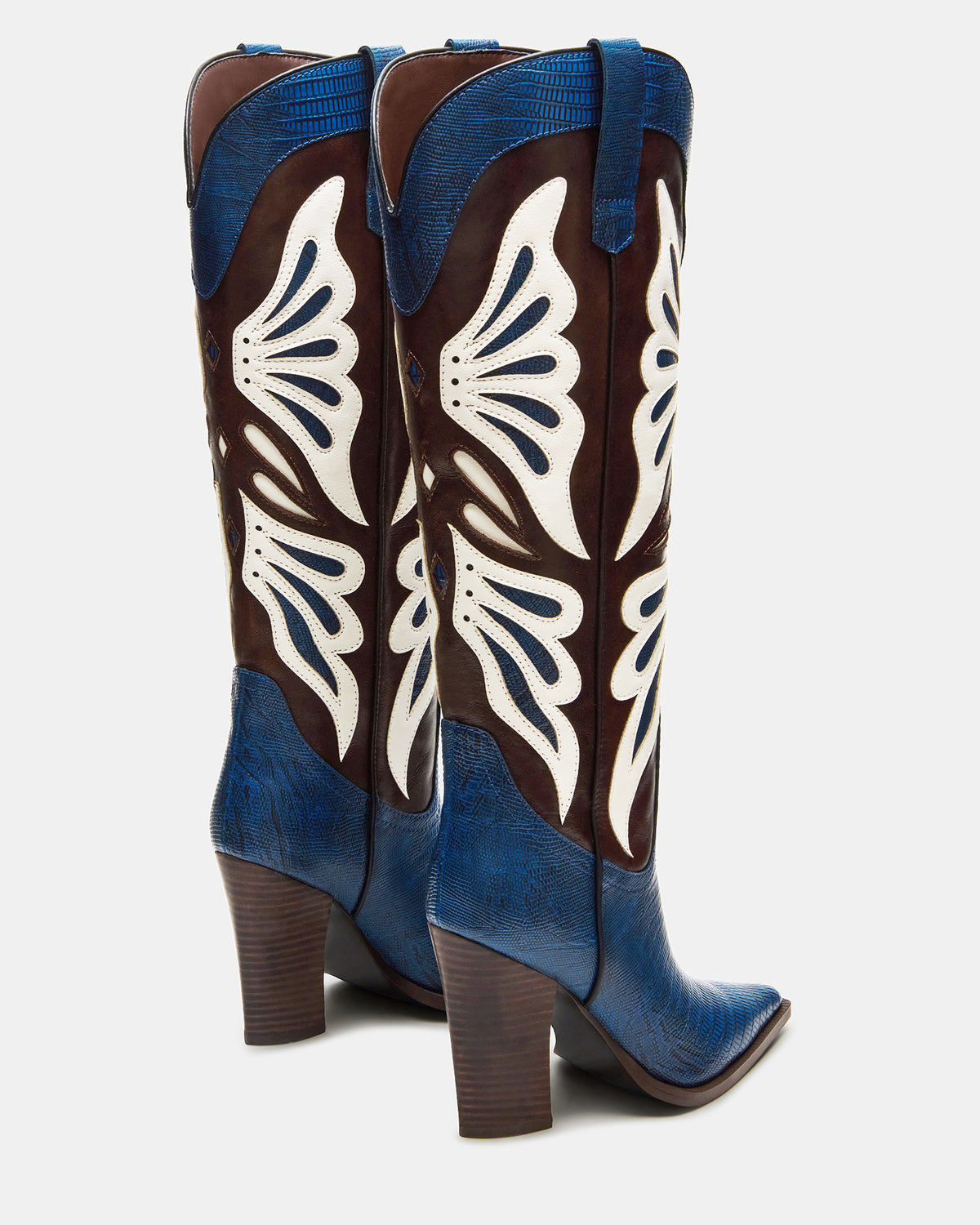 KAZ Blue/White Pointed-Toe Knee-High Block Heel Western Women's Boot - Steve Madden