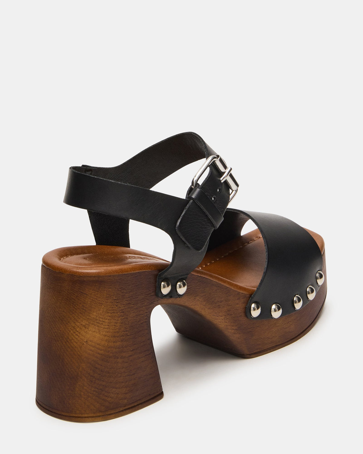 JEMMA Black Leather Square-Toe Wood Bottom Block Heel Women's Sandal - Steve Madden