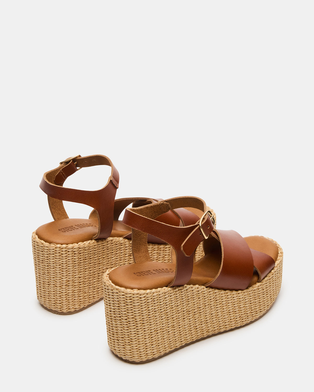 JETSET Cognac Leather Raffia Platform Wedge Women's Sandal - Steve Madden