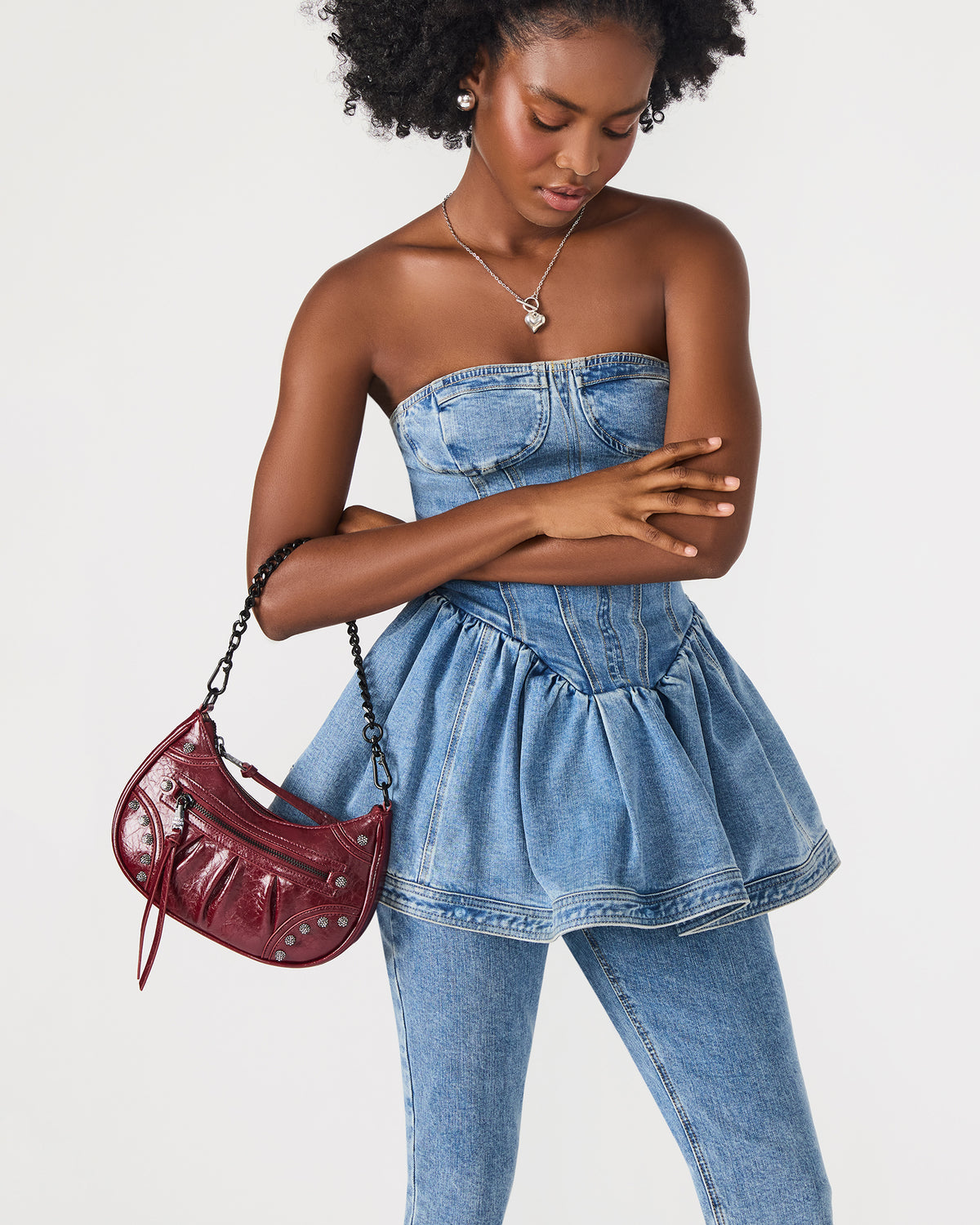 ERIKA Bag Black Rhinestone Embellished Studded Crinkle Moto Crossbody Handbag - Steve Madden