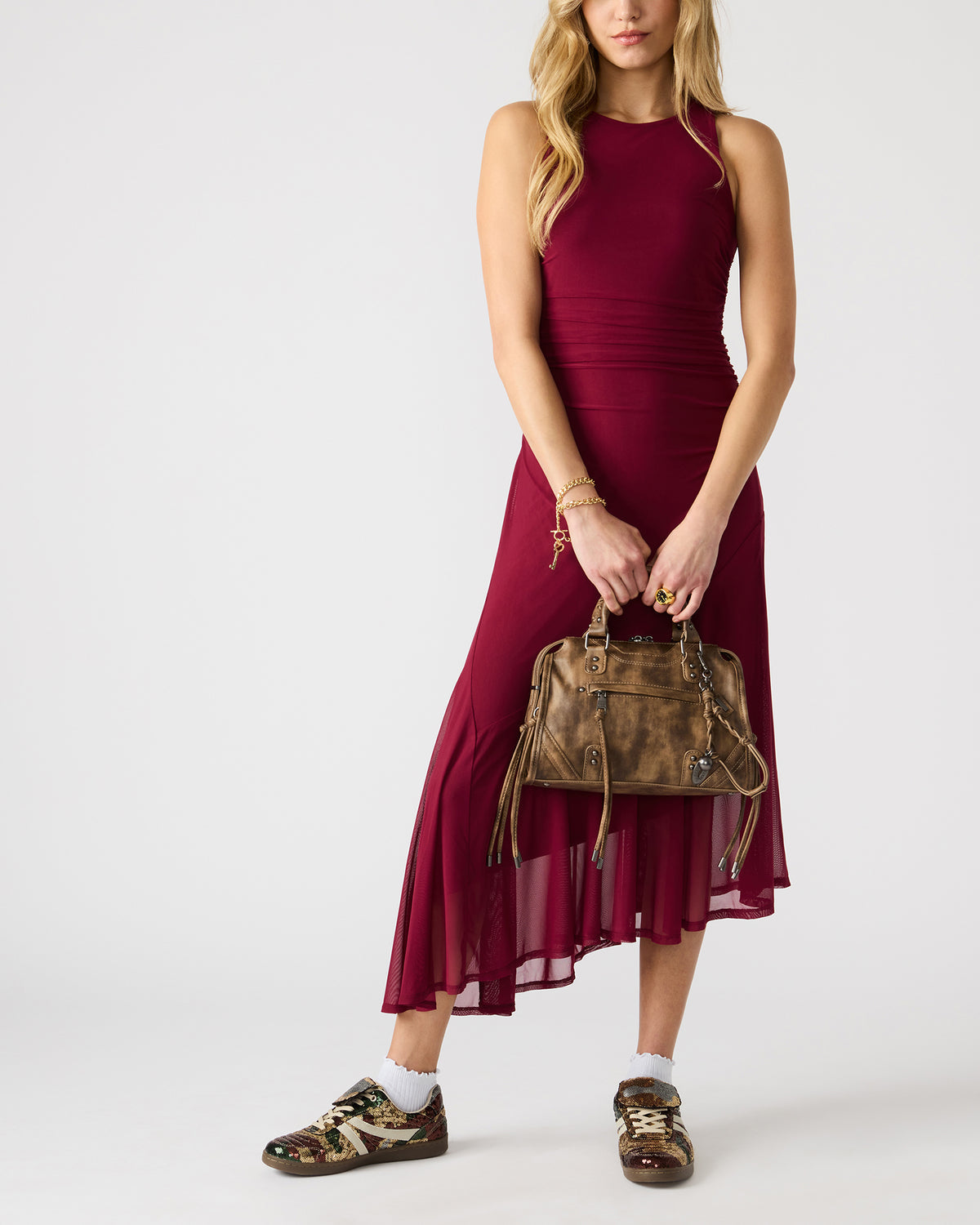RIGGS Brown Distressed Slouchy Top-Handle Crossbody Satchel Handbag - Steve Madden