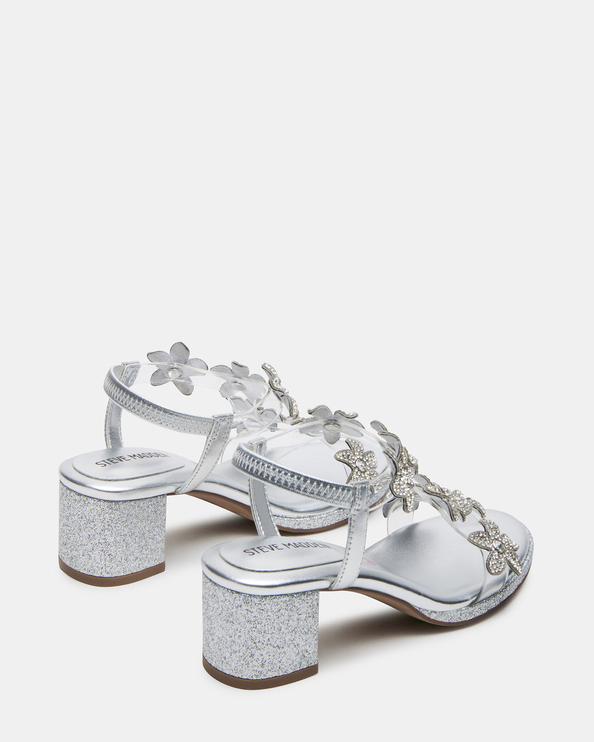 Kids' SAVVY Silver Girls' Strappy Rhinestone Block Heel - Steve Madden