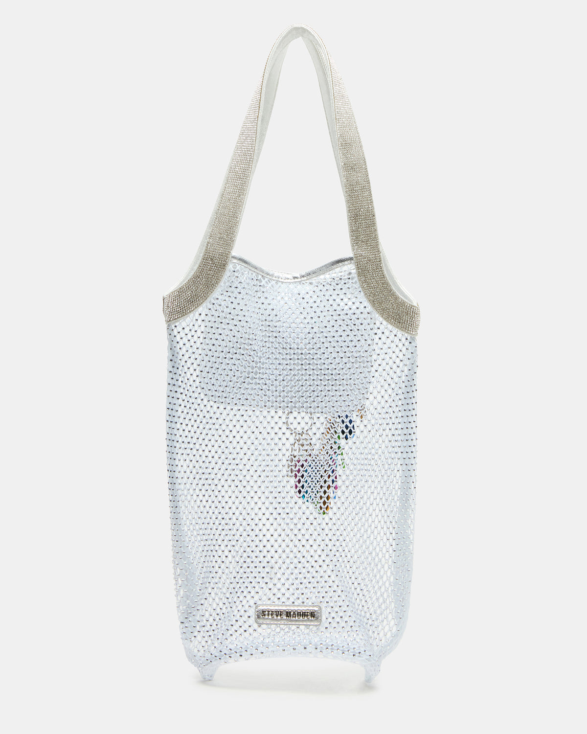 MAKIA White Women's Crystal Rhinestone Shoulder Strap Net Tote Handbag - Steve Madden