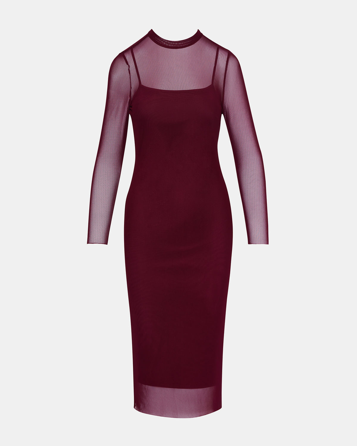 HAILEE Wine Long-Sleeved Mesh Pull-On Mock Neck Midi Women's Dress - Steve Madden