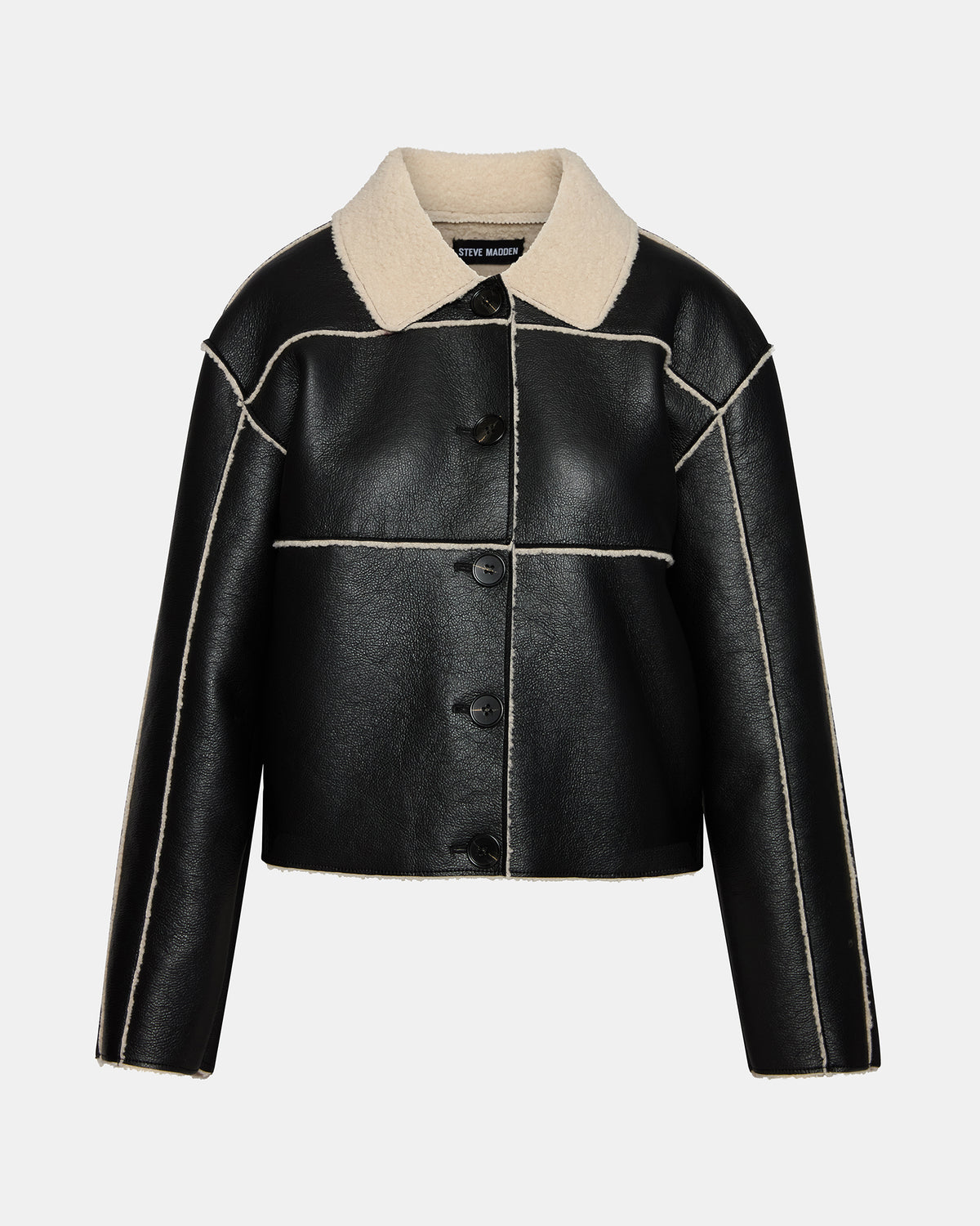 TILIA Black Long-Sleeved Faux Leather Button-Up Faux Fur Women's Coat - Steve Madden
