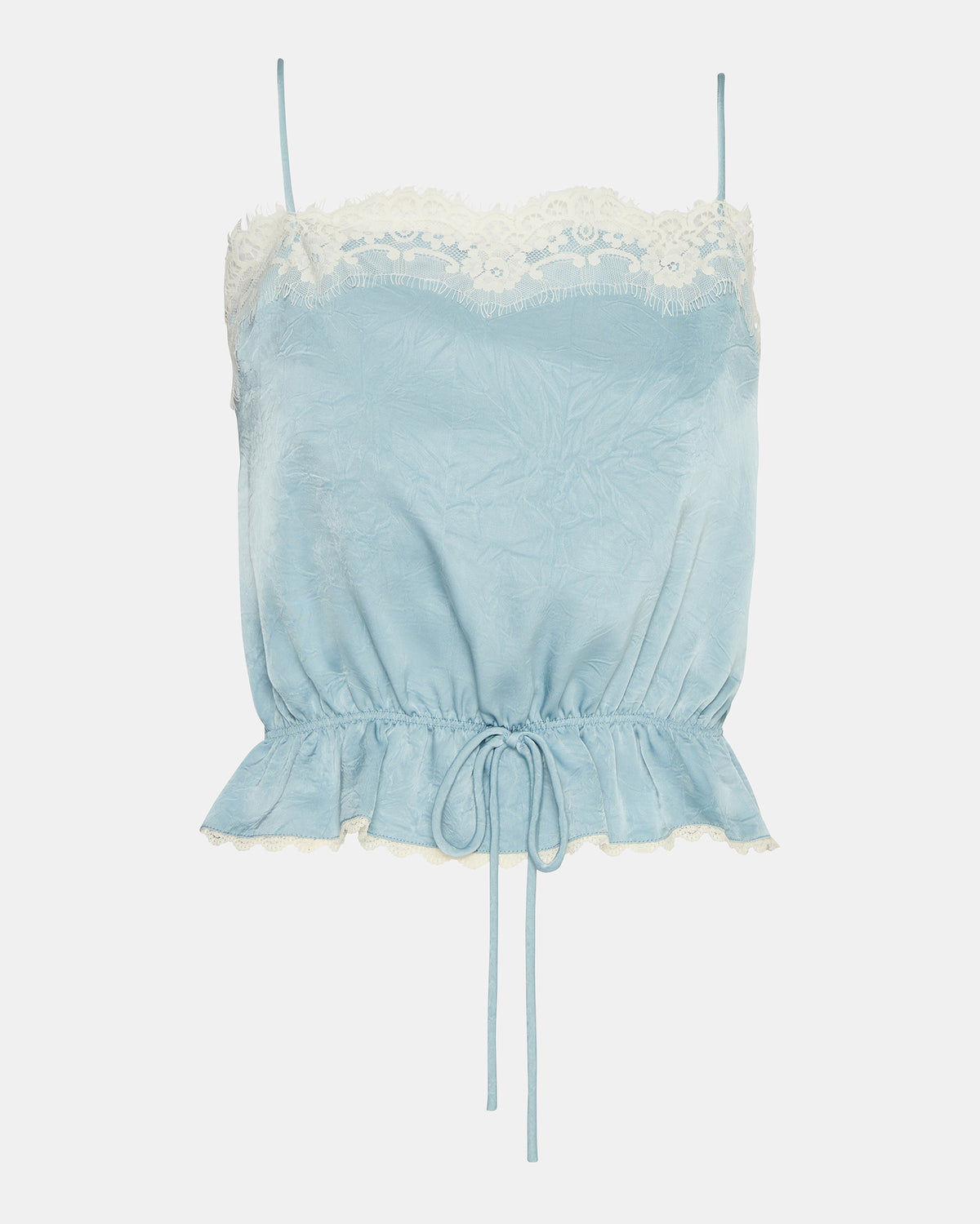 ROAN Dusty Blue Sleeveless Lace Trime Cinched Waist Women's Top - Steve Madden