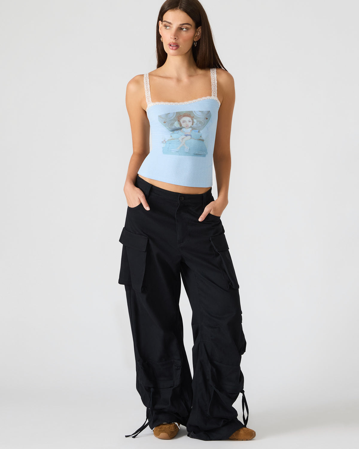 LOVE GOLDIE Surf Blue Lace Trim Sleeveless Graphic Women's Tank Top - Steve Madden