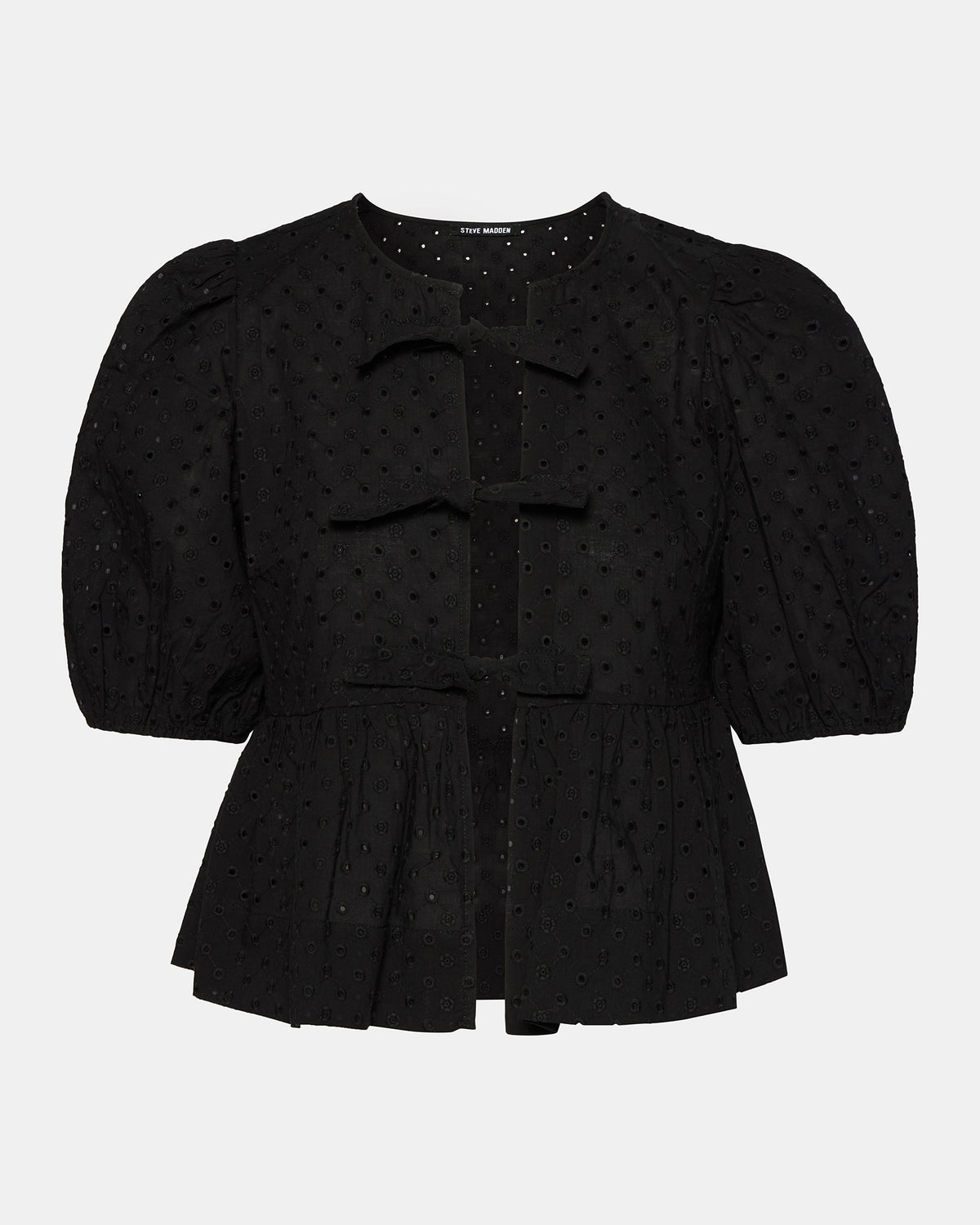 PAULA Top Black Short-Sleeved Tie-Front Eyelet Top - Steve Madden