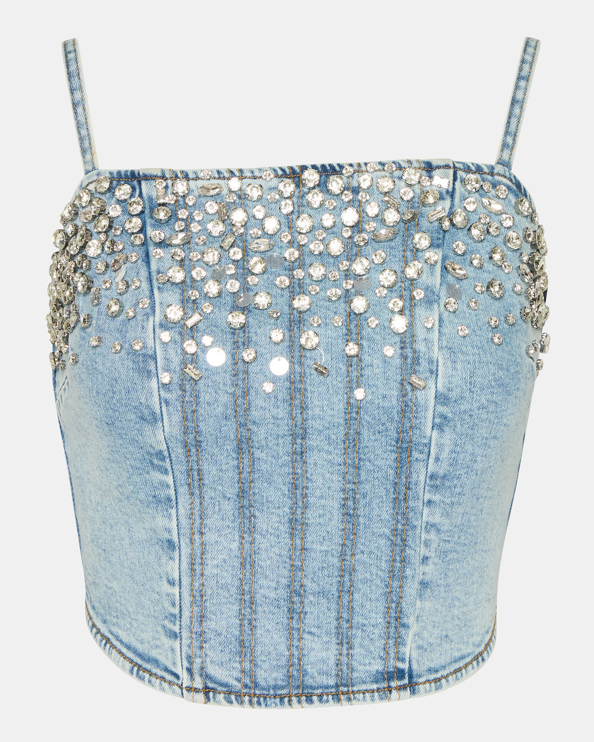 ERAS Denim Rhinestone Embellished Corset Cropped Matching Set Women's Top - Steve Madden