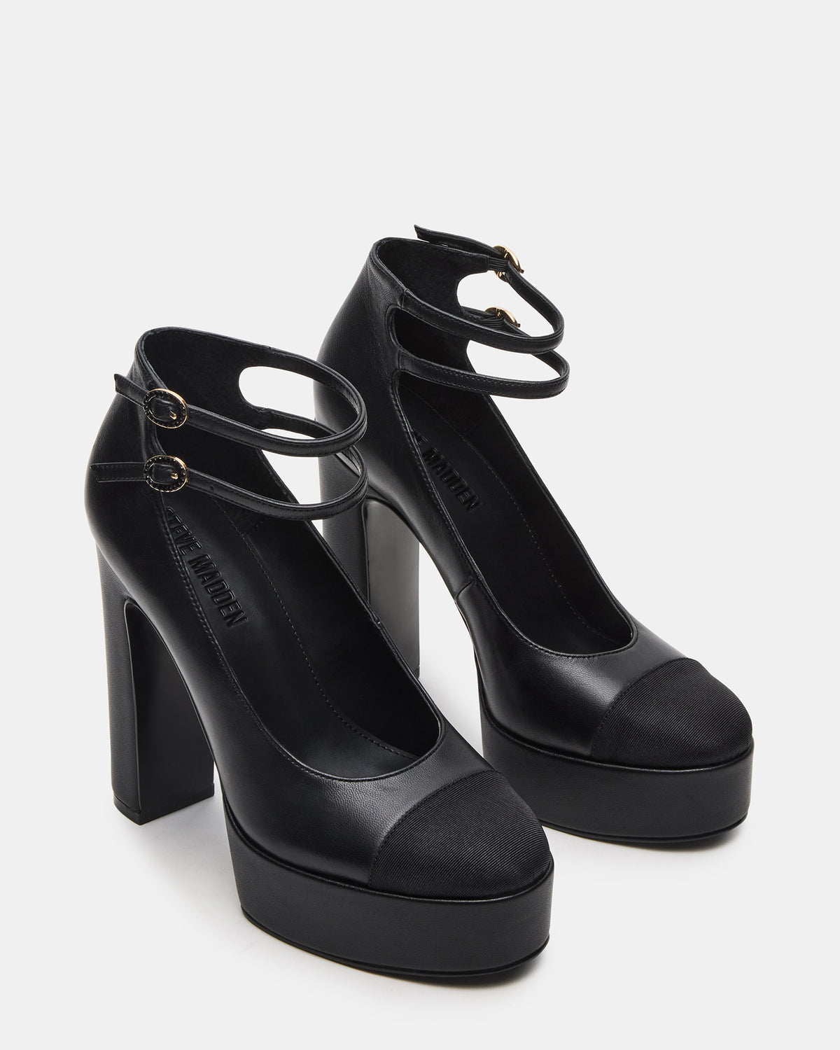 PEYTON Black Leather Block Heel Platform Women's Heel - Steve Madden