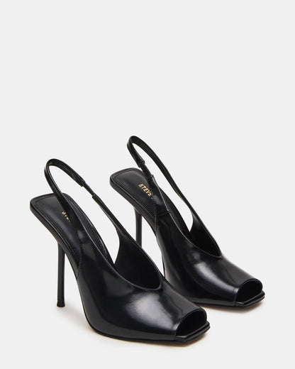 LUCIAN Black Leather Square-Toe Peep-Toe Slingback Women's Heel - Steve Madden