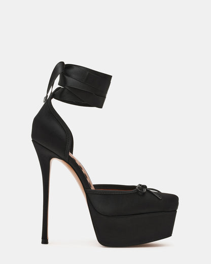 LISTEN Black Satin Stiletto Pump Lace-Up Women's Heel - Steve Madden