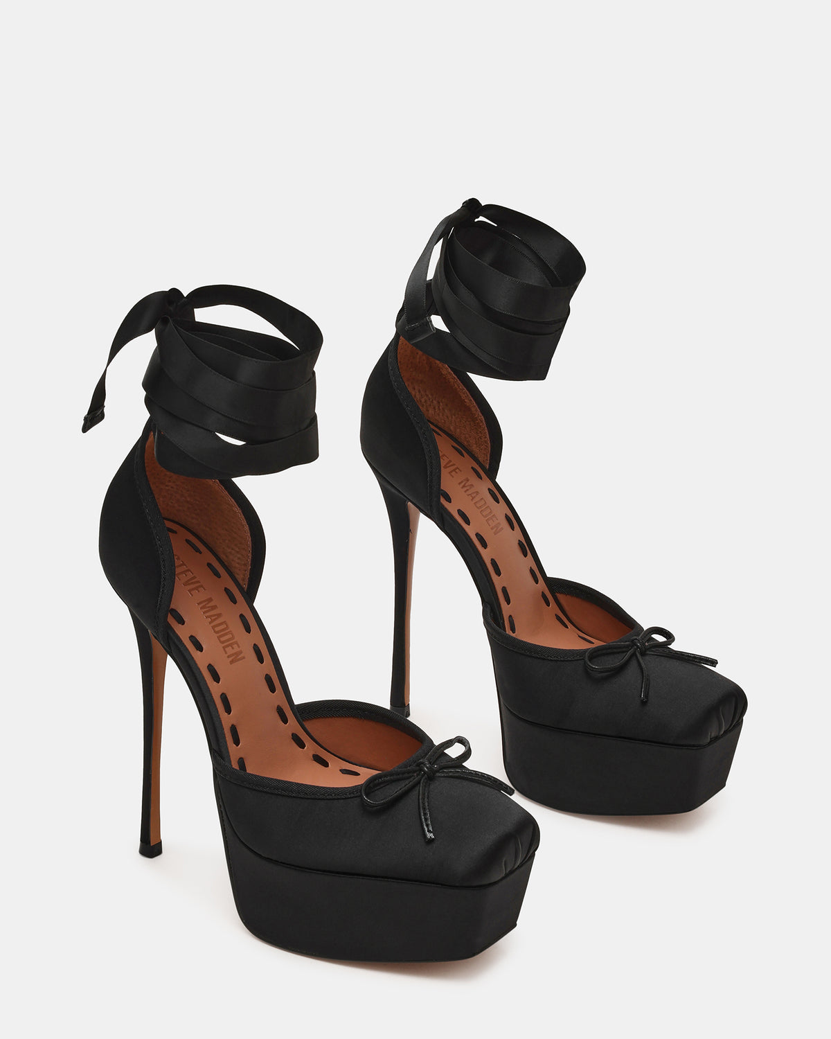 LISTEN Black Satin Stiletto Pump Lace-Up Women's Heel - Steve Madden