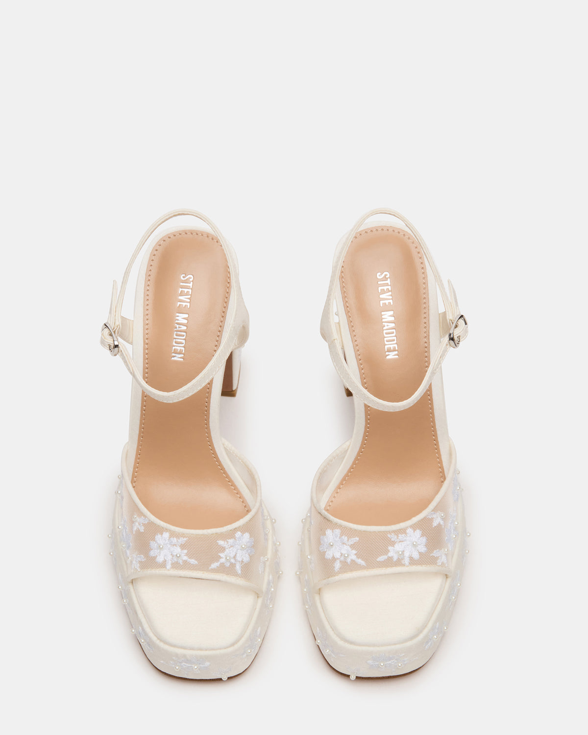 LIANDRA Embellished White Mesh Platform Square-Toe Strappy Women's Heel - Steve Madden