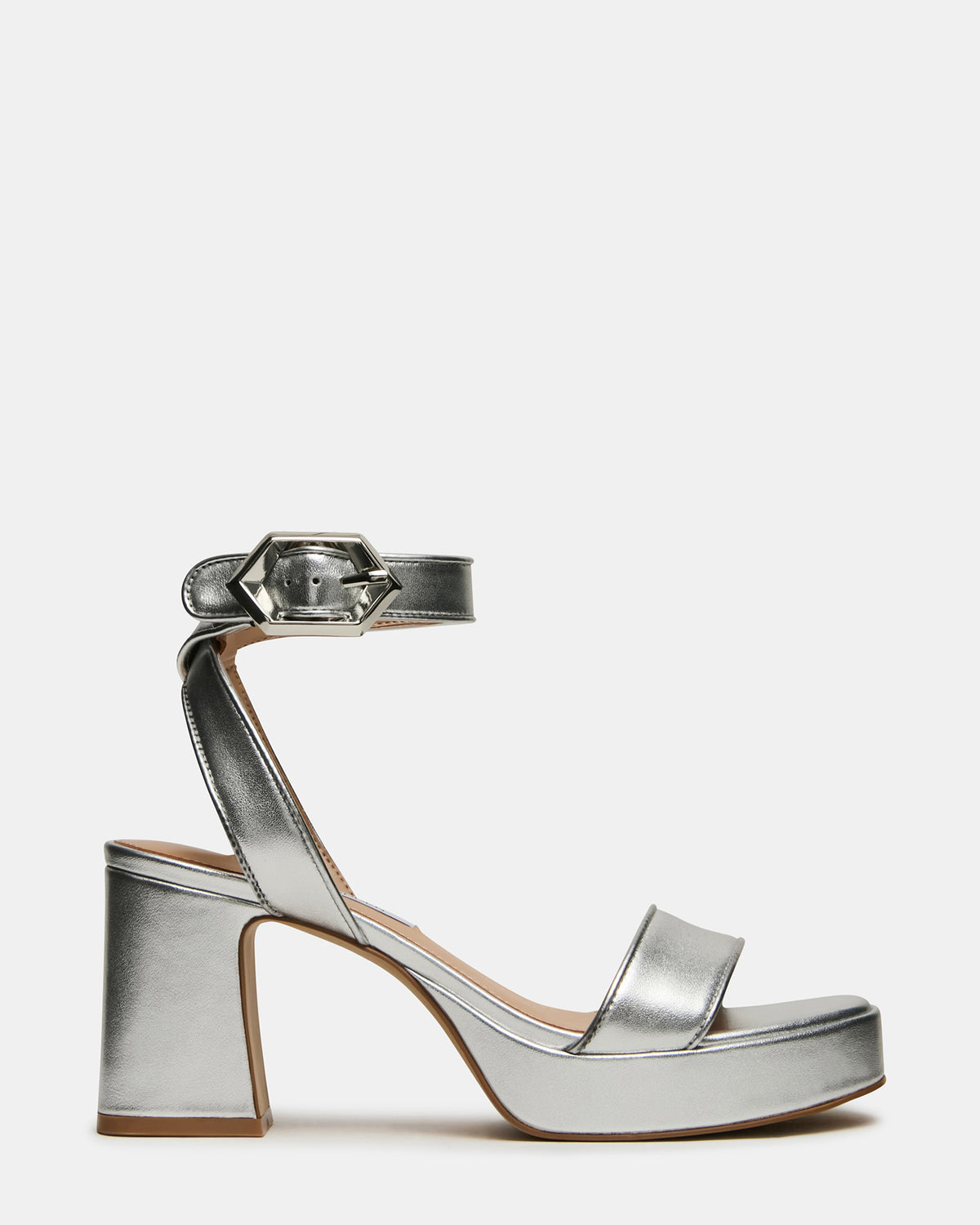 ELIDA Silver Leather Ankle Strap Platform Women's Block Heel - Steve Madden