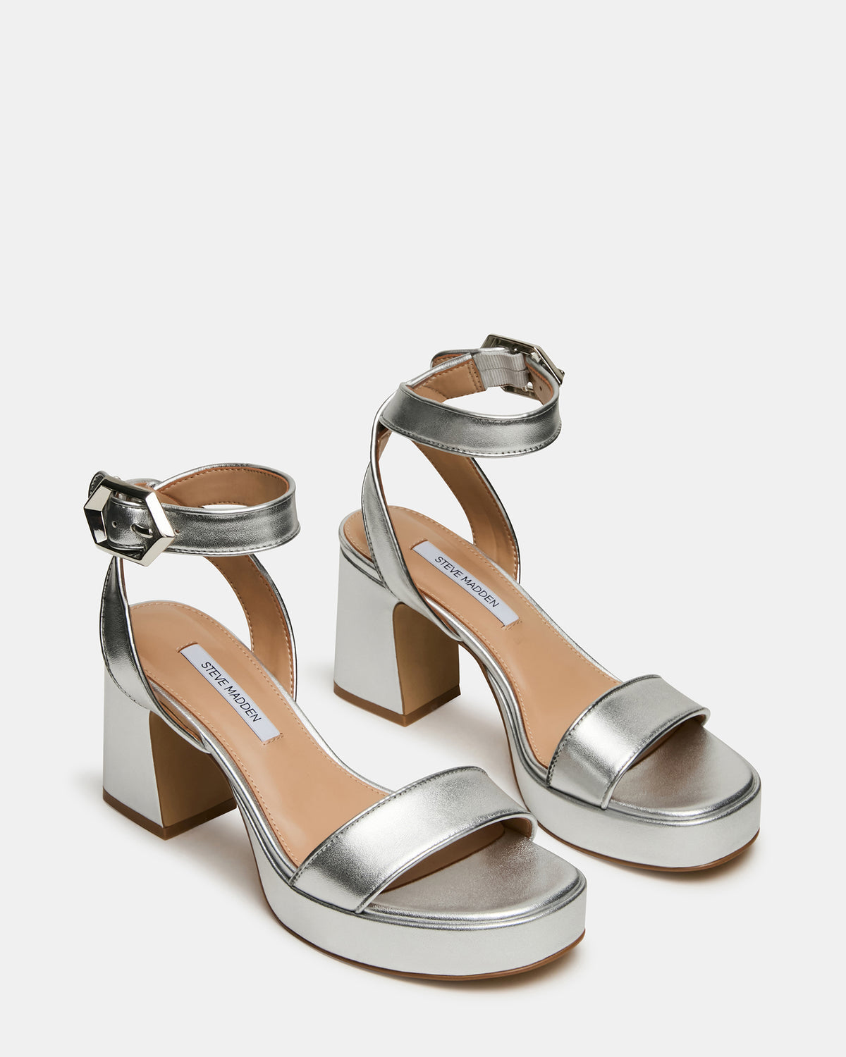 ELIDA Silver Leather Ankle Strap Platform Women's Block Heel - Steve Madden
