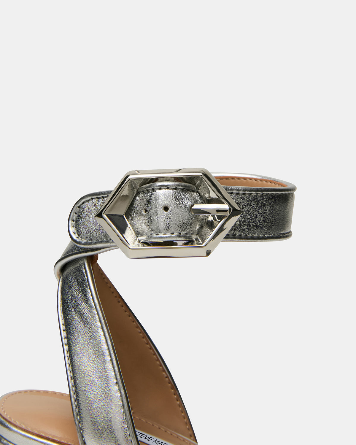 ELIDA Silver Leather Ankle Strap Platform Women's Block Heel - Steve Madden