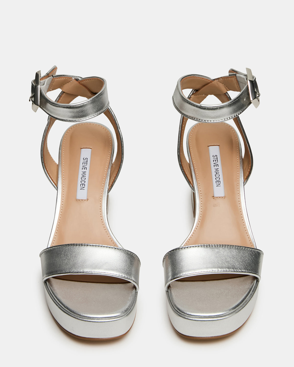 ELIDA Silver Leather Ankle Strap Platform Women's Block Heel - Steve Madden