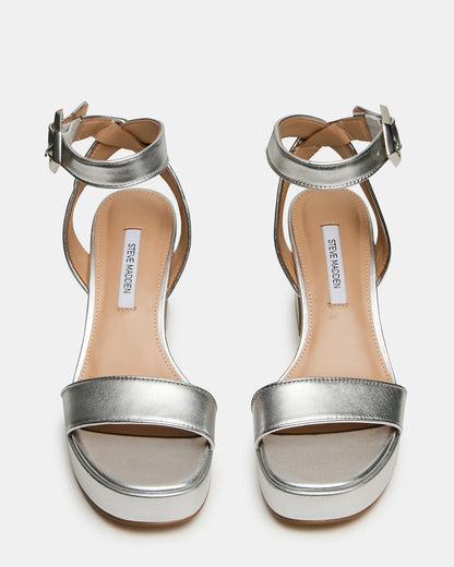 ELIDA Silver Leather Ankle Strap Platform Women's Block Heel - Steve Madden