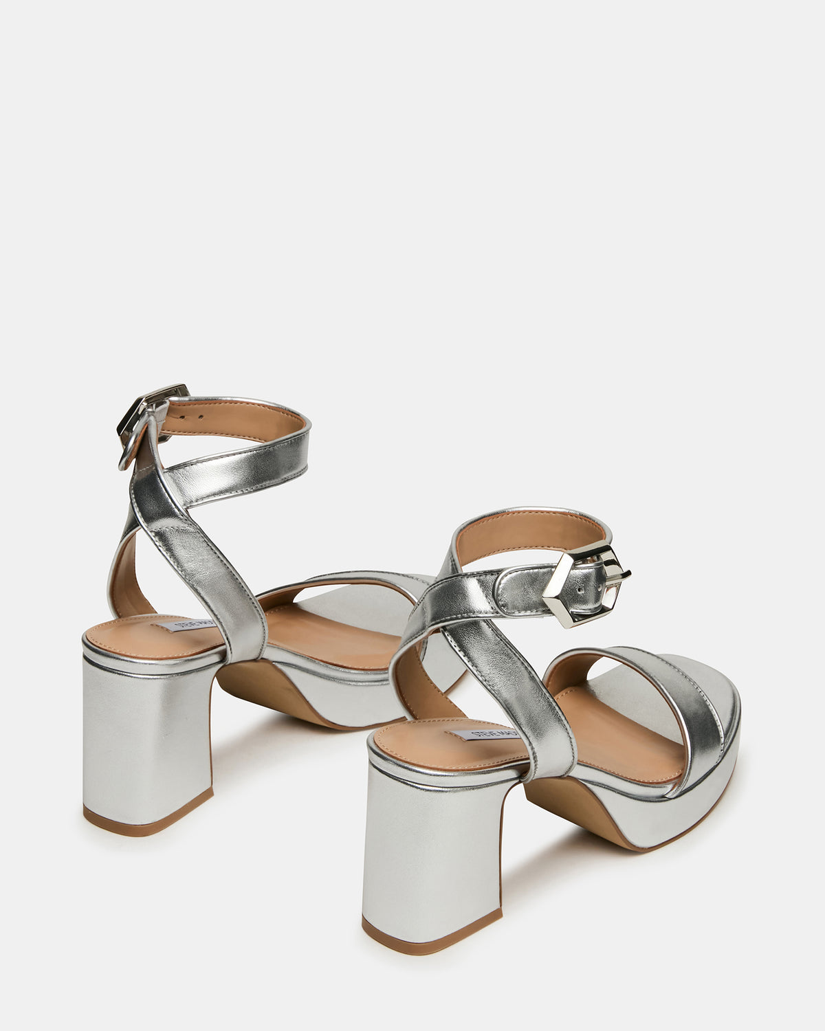 ELIDA Silver Leather Ankle Strap Platform Women's Block Heel - Steve Madden
