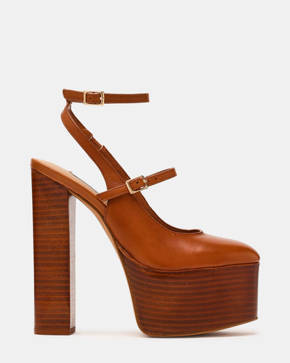 SCOTLYN Stacked Tan Leather Mary-Mary Platform Women's Block Heel - Steve Madden