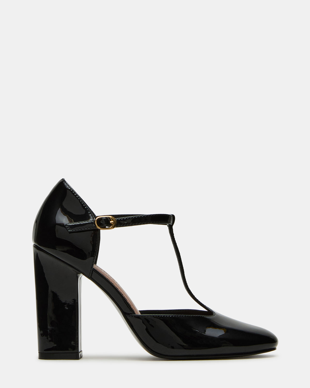 MALCOLM Black Patent T-Strap Block Heel Women's Heel - Steve Madden