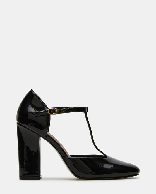MALCOLM Black Patent T-Strap Block Heel Women's Heel - Steve Madden