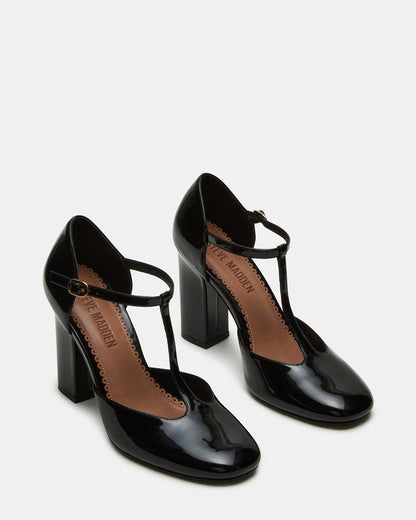 MALCOLM Black Patent T-Strap Block Heel Women's Heel - Steve Madden