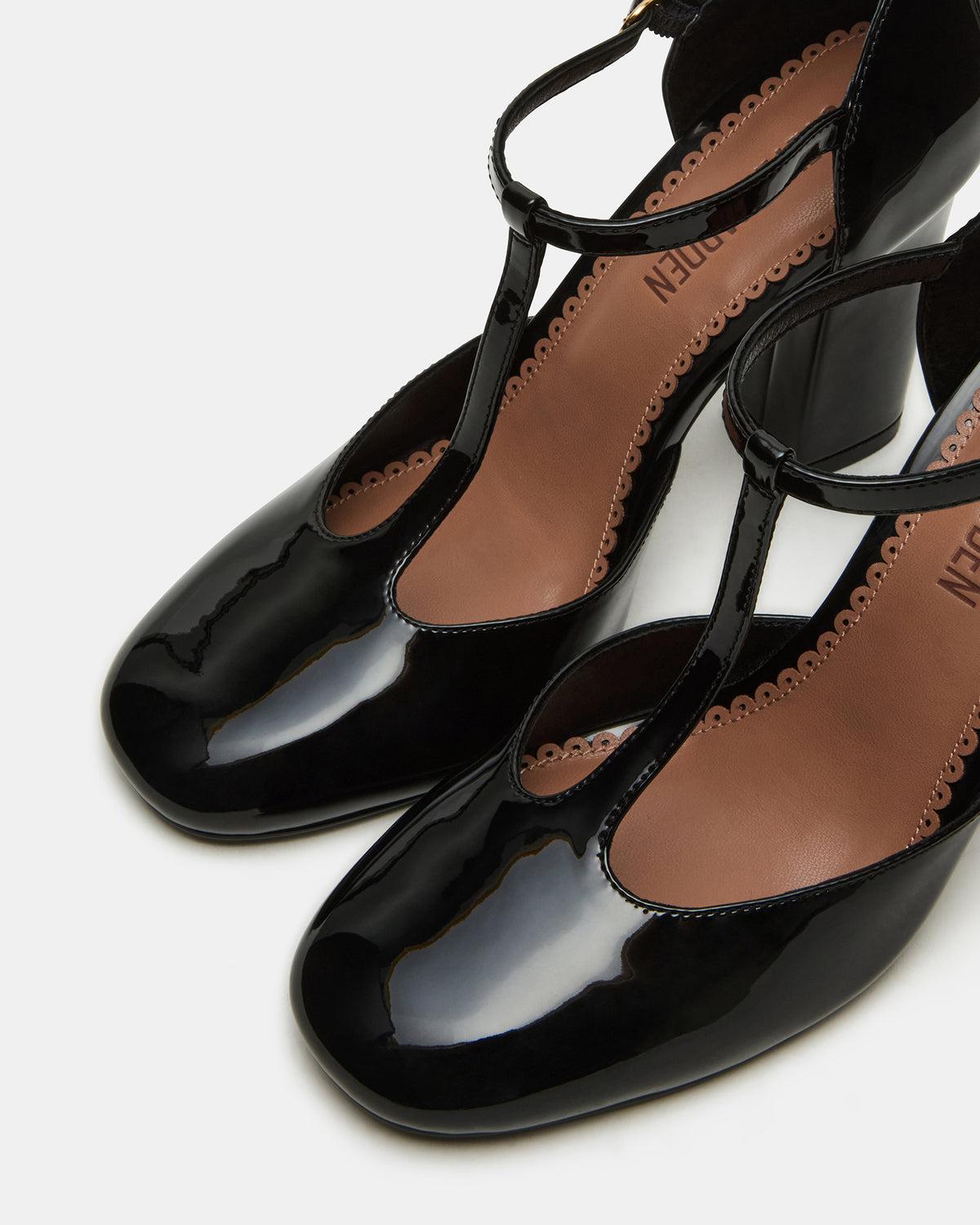 MALCOLM Black Patent T-Strap Block Heel Women's Heel - Steve Madden