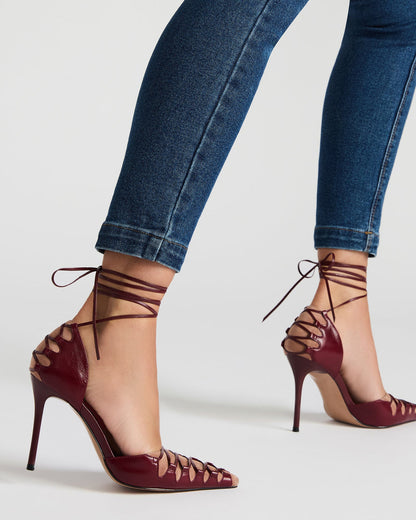 DANGER Burgundy Multi Pointed-Toe Lace-Up Stiletto Pump Women's Heel - Steve Madden