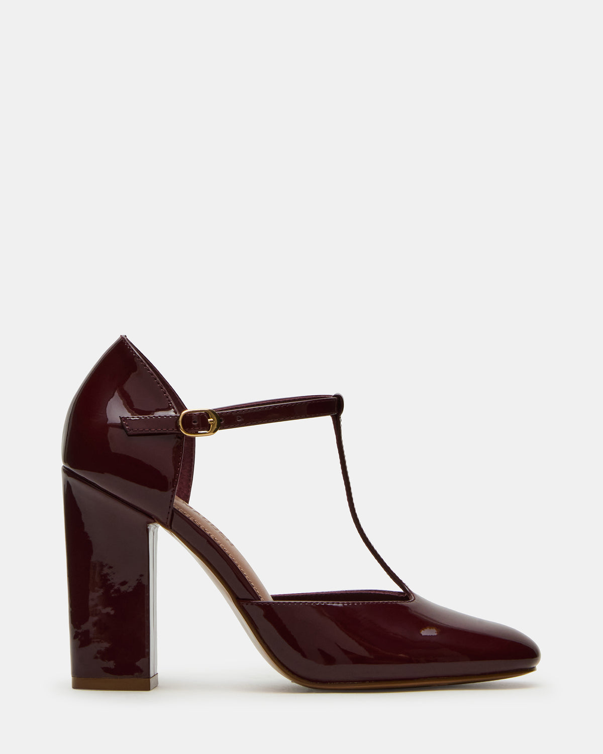 MALCOLM Burgundy Patent T-Strap Block Heel Women's Heel - Steve Madden