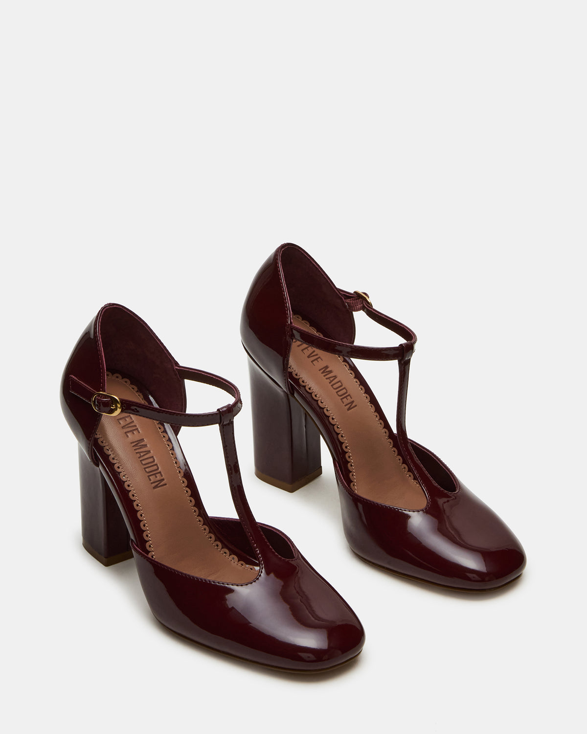 MALCOLM Burgundy Patent T-Strap Block Heel Women's Heel - Steve Madden