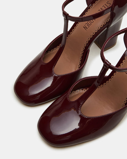 MALCOLM Burgundy Patent T-Strap Block Heel Women's Heel - Steve Madden