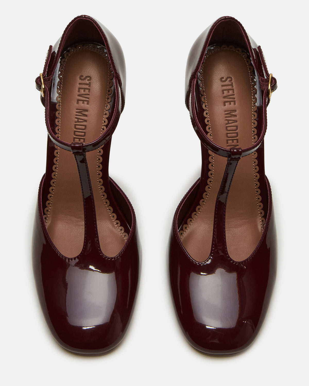 MALCOLM Burgundy Patent T-Strap Block Heel Women's Heel - Steve Madden