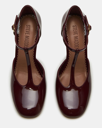 MALCOLM Burgundy Patent T-Strap Block Heel Women's Heel - Steve Madden