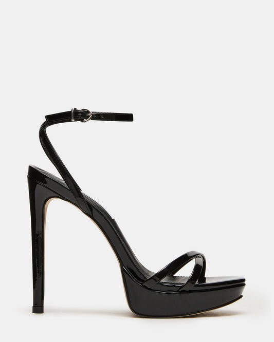 JUNI Black Patent Criss Cross Stiletto Ankle Strap Women's Heel - Steve Madden