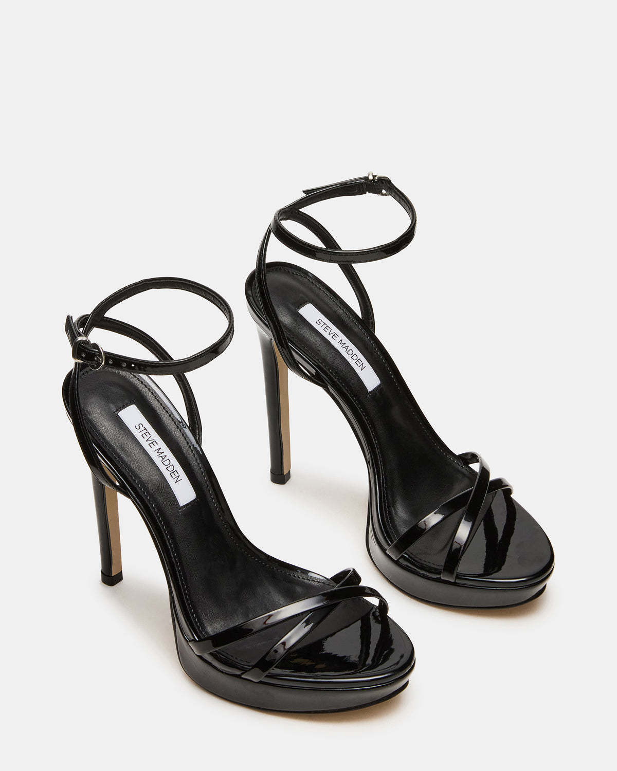 JUNI Black Patent Criss Cross Stiletto Ankle Strap Women's Heel - Steve Madden