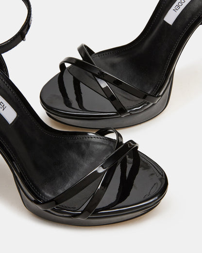 JUNI Black Patent Criss Cross Stiletto Ankle Strap Women's Heel - Steve Madden