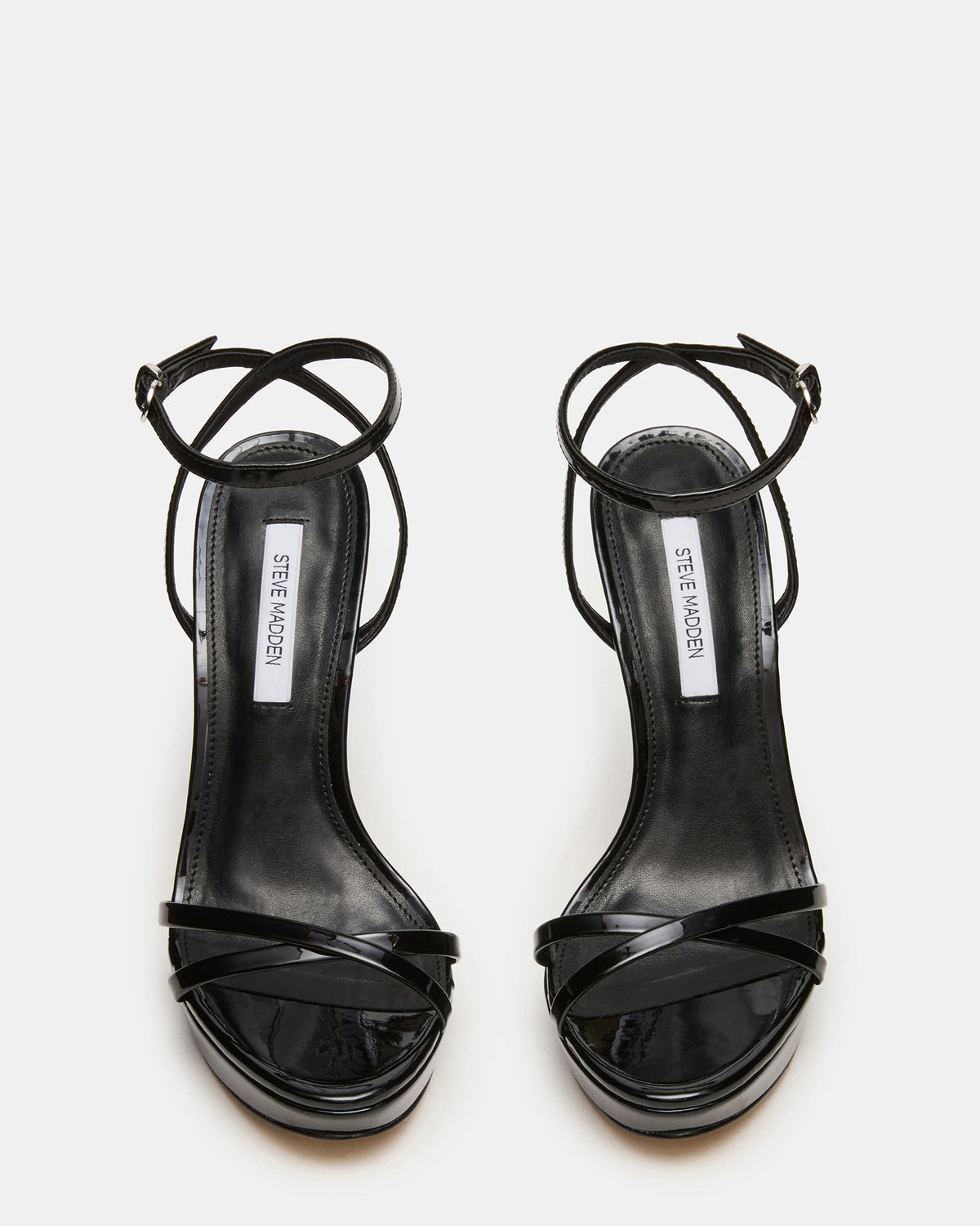 JUNI Black Patent Criss Cross Stiletto Ankle Strap Women's Heel - Steve Madden