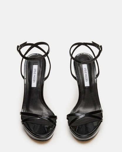 JUNI Black Patent Criss Cross Stiletto Ankle Strap Women's Heel - Steve Madden