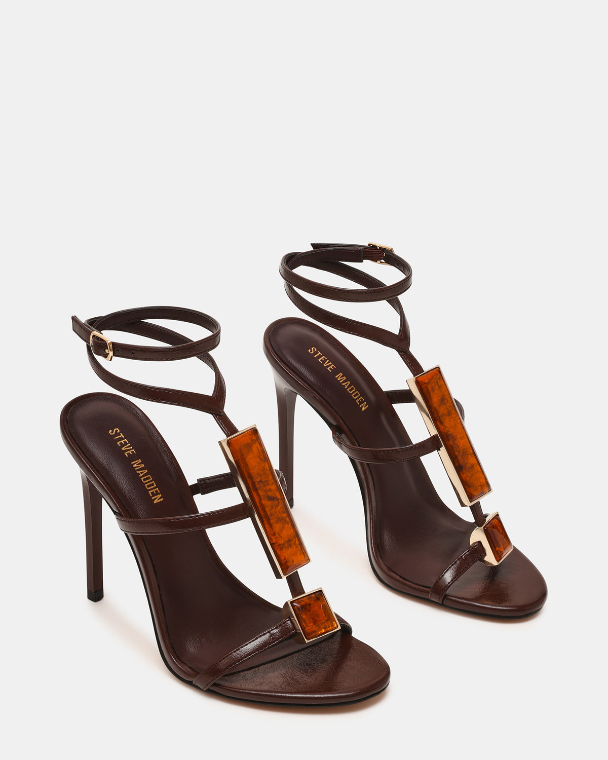 SHAYLEE Brown Stone Detail Strappy Stiletto Women's Heel - Steve Madden