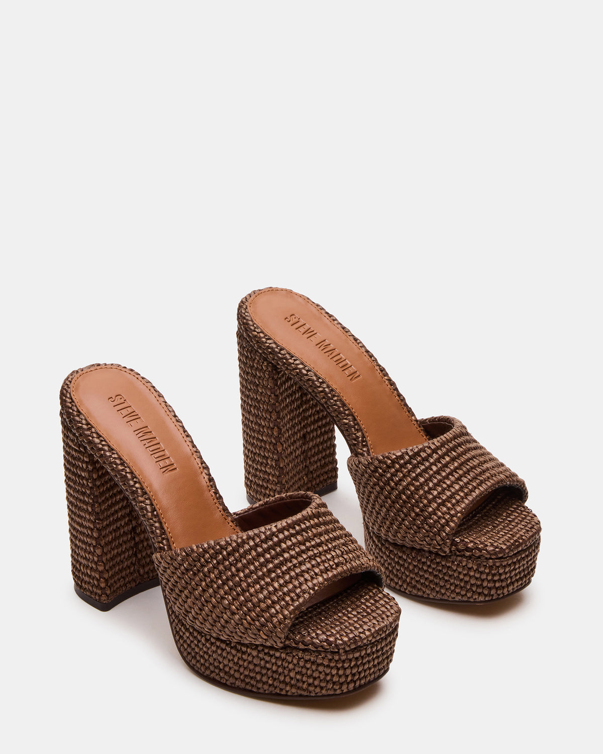 JOEL Brown Raffia Square-Toe Platform Raffia Mule Women's Heel - Steve Madden