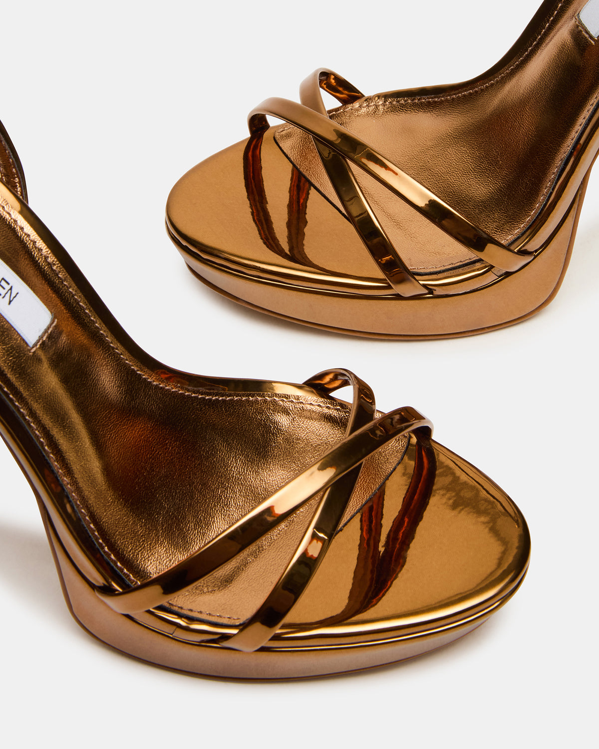 JUNI Bronze Criss Cross Stiletto Ankle Strap Women's Heel - Steve Madden