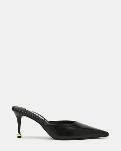 ADELINE Black Leather Mule Pointed-Toe Gold-Detail Women's Heel - Steve Madden