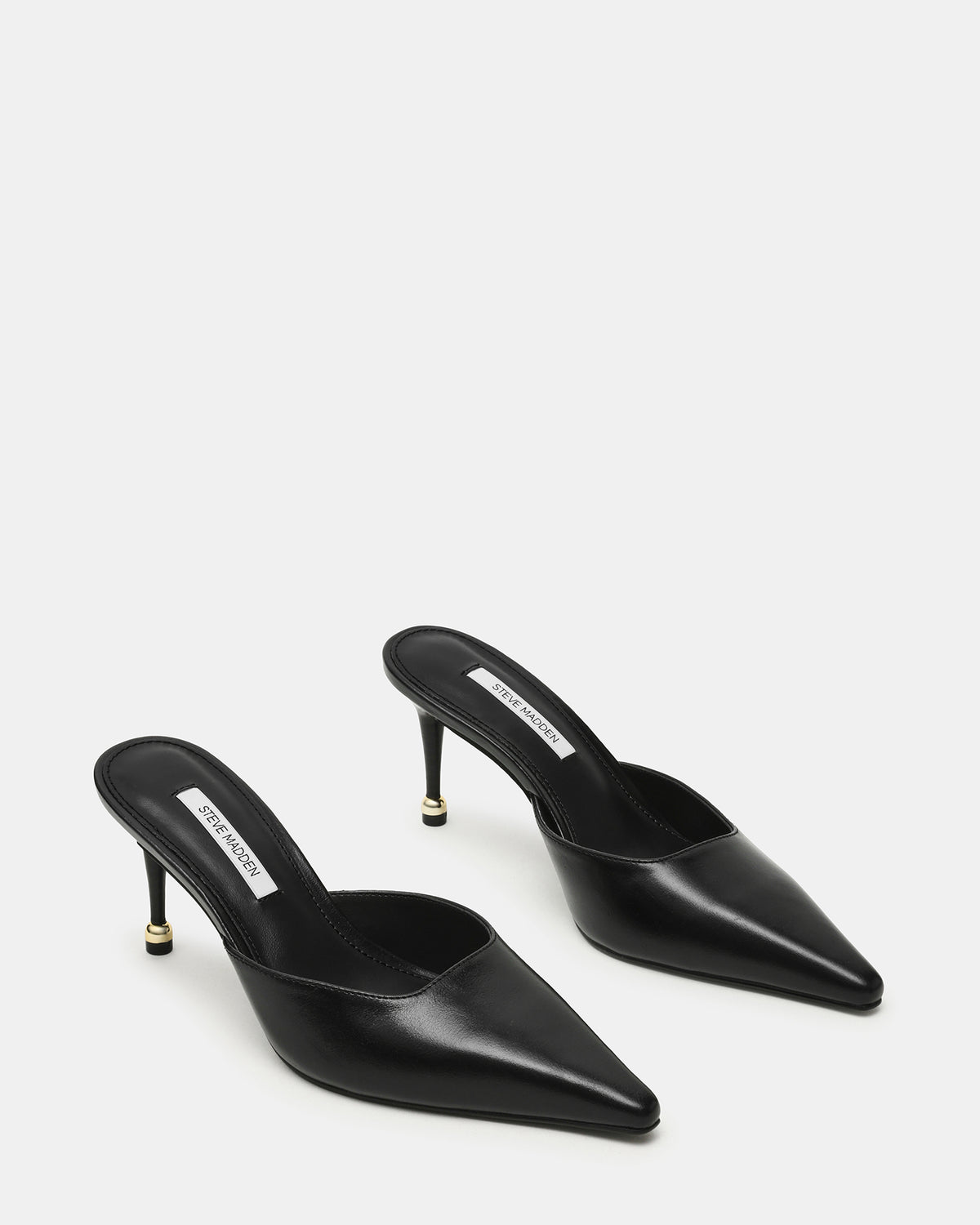 ADELINE Black Leather Mule Pointed-Toe Gold-Detail Women's Heel - Steve Madden
