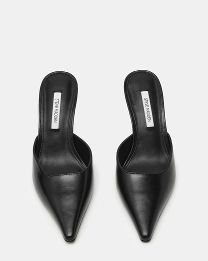 ADELINE Black Leather Mule Pointed-Toe Gold-Detail Women's Heel - Steve Madden