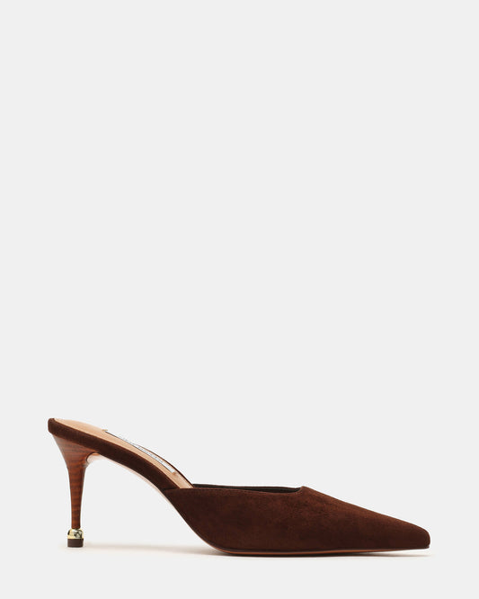 ADELINE Brown Suede Mule Pointed-Toe Gold-Detail Women's Heel - Steve Madden